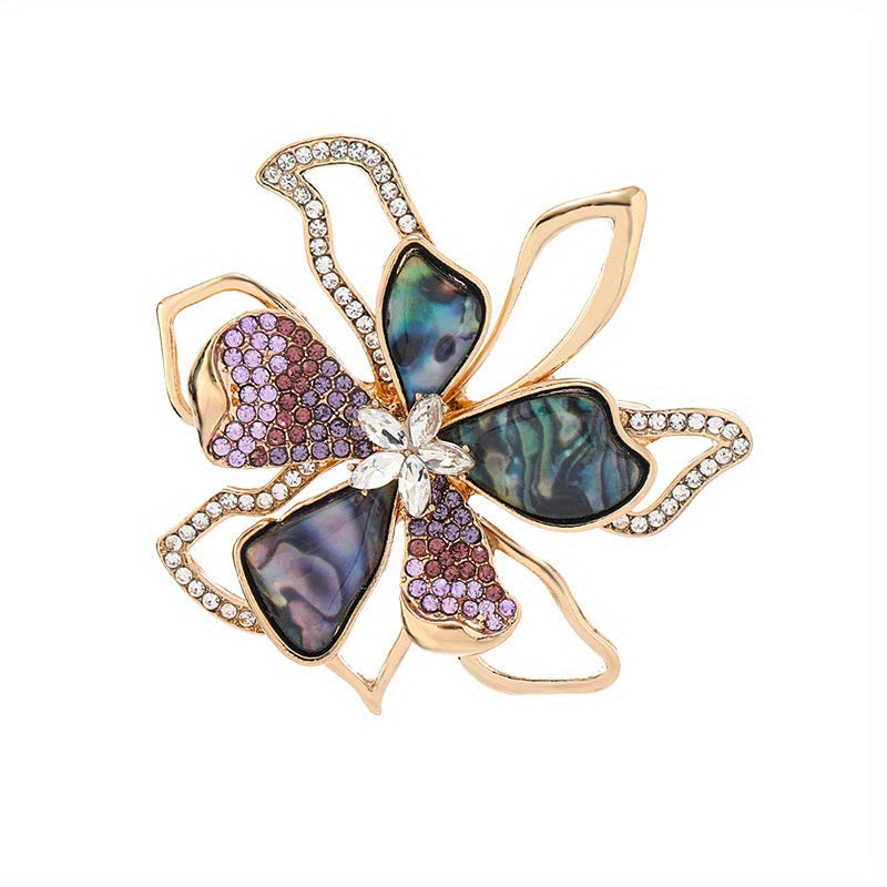 Stylish Abalone Shell Flower Brooch Pins with Vintage Rhinestone Bowknot and Crystal Accents - Fashionable Accessories for Women.