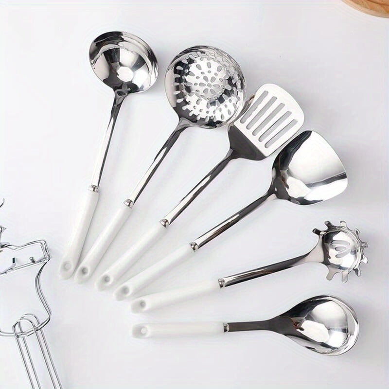 Set of 7 Stainless Steel Kitchen Utensils with Ceramic Handles - Great for Cooking & Baking, Perfect Christmas Present