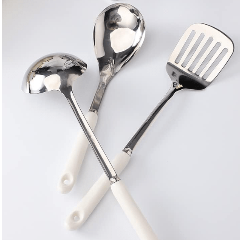 Set of 7 Stainless Steel Kitchen Utensils with Ceramic Handles - Great for Cooking & Baking, Perfect Christmas Present