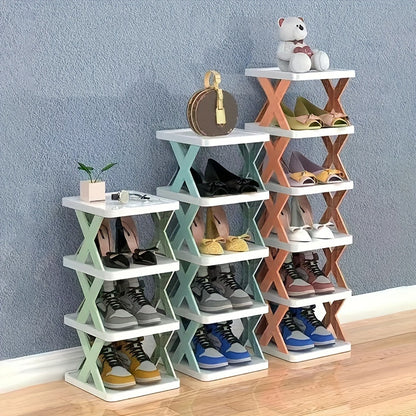 Space-saving shoe rack with multiple layers, foldable and stackable, made of plastic for various rooms and purposes, including closet organization and office supplies.