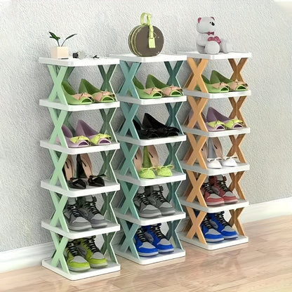 Space-saving shoe rack with multiple layers, foldable and stackable, made of plastic for various rooms and purposes, including closet organization and office supplies.