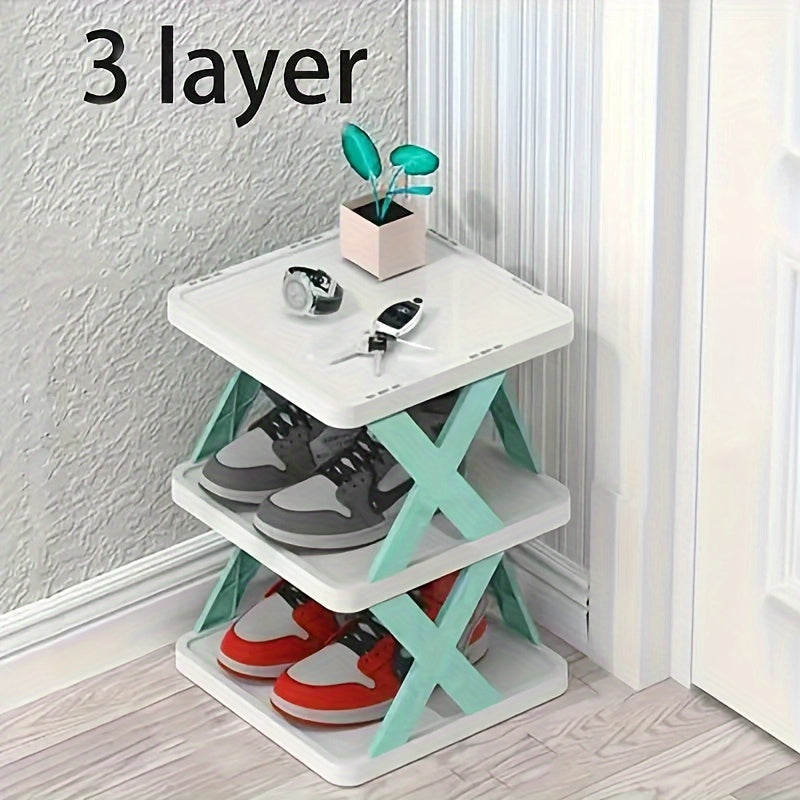 Space-saving shoe rack with multiple layers, foldable and stackable, made of plastic for various rooms and purposes, including closet organization and office supplies.