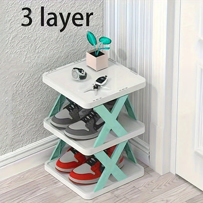 Space-saving shoe rack with multiple layers, foldable and stackable, made of plastic for various rooms and purposes, including closet organization and office supplies.