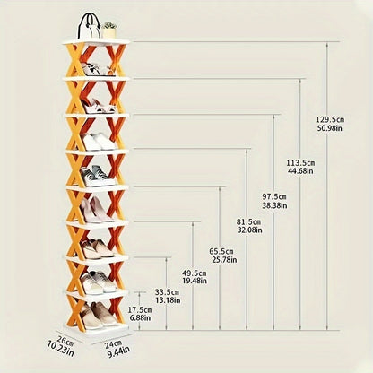 Space-saving shoe rack with multiple layers, foldable and stackable, made of plastic for various rooms and purposes, including closet organization and office supplies.