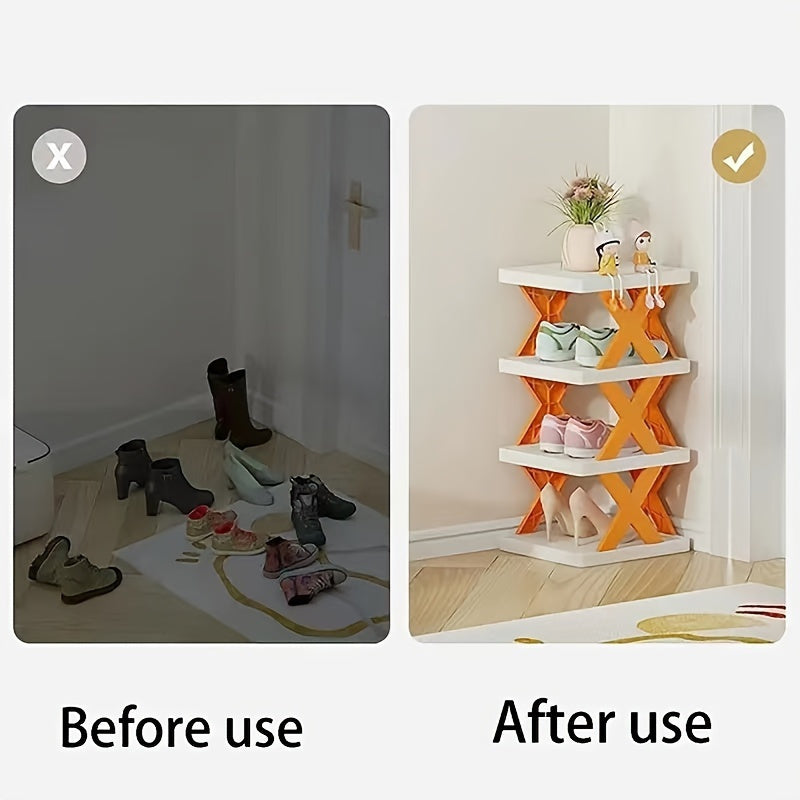 Space-saving shoe rack with multiple layers, foldable and stackable, made of plastic for various rooms and purposes, including closet organization and office supplies.