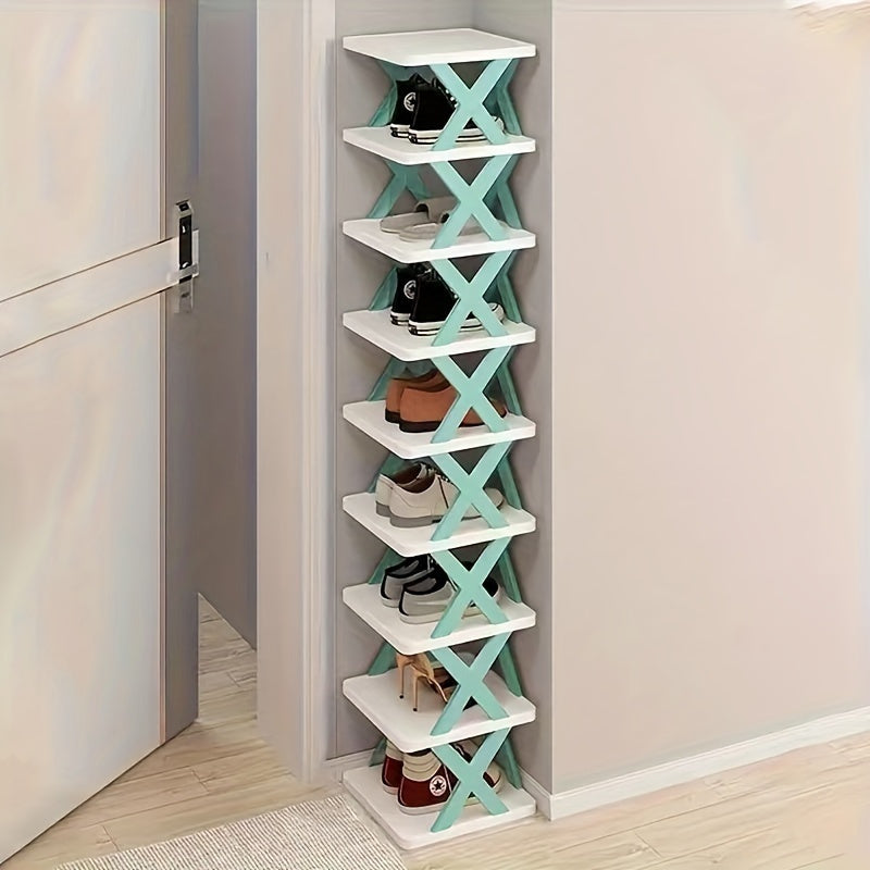 Space-saving shoe rack with multiple layers, foldable and stackable, made of plastic for various rooms and purposes, including closet organization and office supplies.