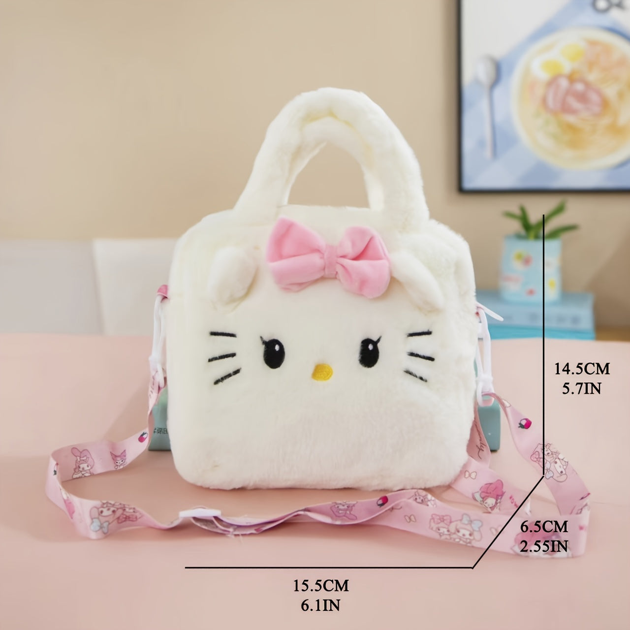 Sanrio Hello Kitty, Kuromi & My Melody Plush Tote: Soft polyester shoulder bag for fans, perfect for parties and as a Valentine's Day gift by SANRIO.