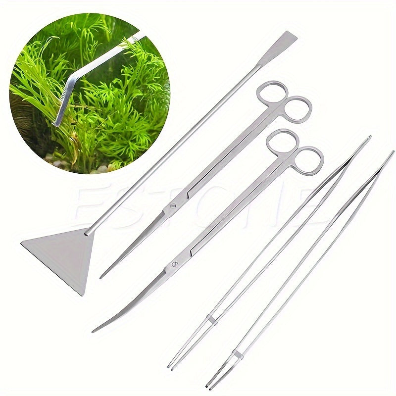 High-quality stainless steel aquarium cleaning kit with scissors, tweezers, and plant trimmer in storage holder - durable maintenance tools.