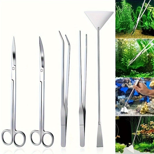 High-quality stainless steel aquarium cleaning kit with scissors, tweezers, and plant trimmer in storage holder - durable maintenance tools.