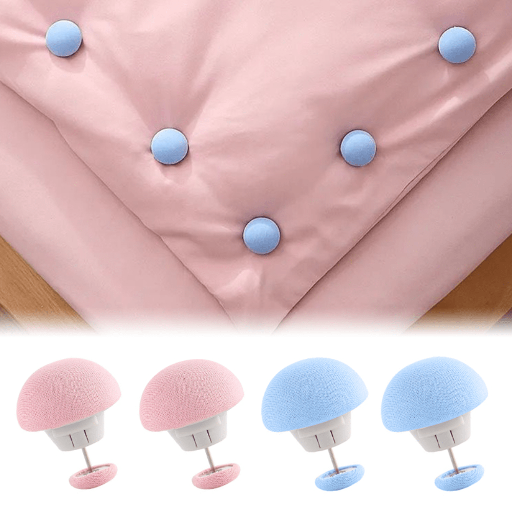 Set of 8 Blue Mushroom Head Quilt Fixers - Non-Slip Bed Sheet Clips for Securing Blankets & Clothing, Sheet Covers, Buckles, and Hooks