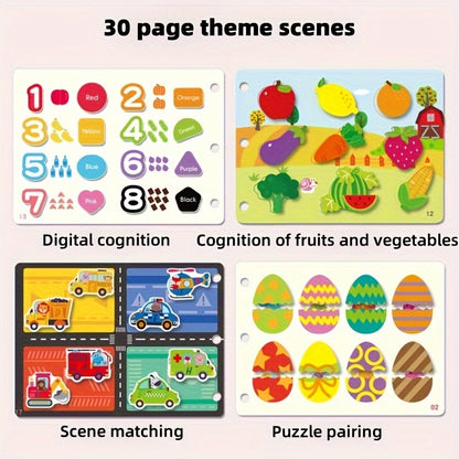 Interactive family activity book for youngsters aged 0-6 years, featuring educational puzzles, DIY stickers, and activities to enhance cognitive and motor skills. Includes animal