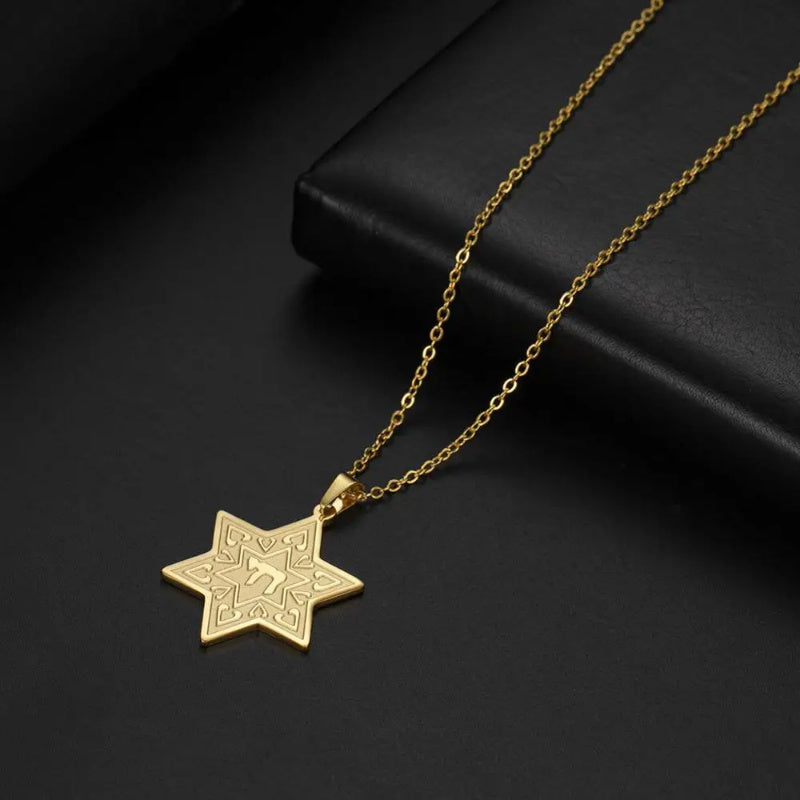 Modern Hexagonal Jewish Star of David Pendant Necklace in Titanium Steel, Sleek and Stylish Design, Featuring Hebrew Letter Charm, Retro Religious Amulet Jewelry for Everyday Wear and Gifting, Perfect for Valentine's Day