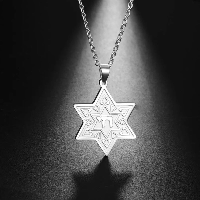 Modern Hexagonal Jewish Star of David Pendant Necklace in Titanium Steel, Sleek and Stylish Design, Featuring Hebrew Letter Charm, Retro Religious Amulet Jewelry for Everyday Wear and Gifting, Perfect for Valentine's Day