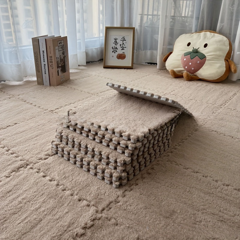 Soft and plush area rug made of fluffy foam - can be hand washed. This patchwork tatami mat is perfect for use in the bedroom, balcony, or both indoor and outdoor spaces.