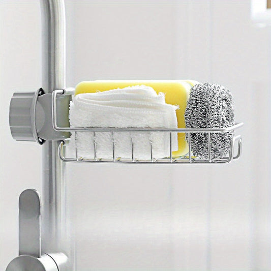 Stainless Steel Faucet Storage Rack for Kitchen Sink Organization - Includes Sponge and Cloth Holder - No Electricity Needed