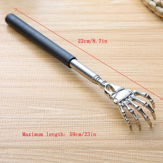 Extendable stainless steel back scratcher and massager with spooky skeleton hand design, adjustable length of 19.05cm to 69.85cm. Portable and durable construction.