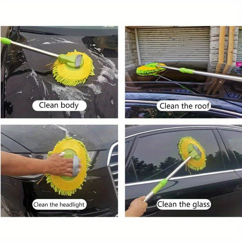 Green Microfiber Chenille Car Wash Mop with Easy-Extend Handle for Effective Vehicle Detailing and Cleaning - No Power Required, Ideal for Car Body, Roof, Headlight, and Glass