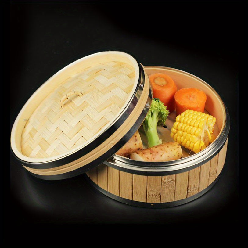 Handcrafted Bamboo Steamer with Stainless Steel Lid - Ideal for Cooking Dumplings, Seafood, and Vegetables - Great for Home and Restaurant Use, as well as Camping Outdoors