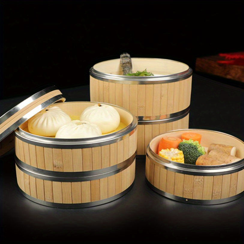 Handcrafted Bamboo Steamer with Stainless Steel Lid - Ideal for Cooking Dumplings, Seafood, and Vegetables - Great for Home and Restaurant Use, as well as Camping Outdoors