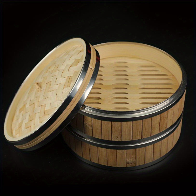 Handcrafted Bamboo Steamer with Stainless Steel Lid - Ideal for Cooking Dumplings, Seafood, and Vegetables - Great for Home and Restaurant Use, as well as Camping Outdoors