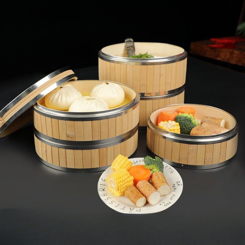 Handcrafted Bamboo Steamer with Stainless Steel Lid - Ideal for Cooking Dumplings, Seafood, and Vegetables - Great for Home and Restaurant Use, as well as Camping Outdoors