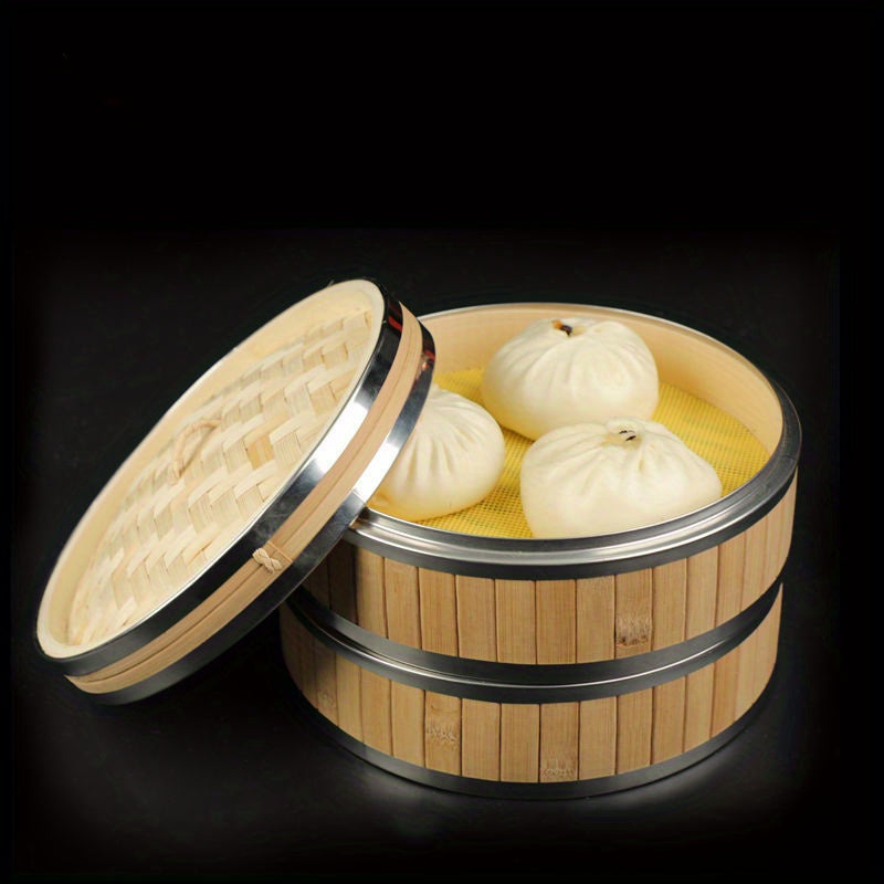 Handcrafted Bamboo Steamer with Stainless Steel Lid - Ideal for Cooking Dumplings, Seafood, and Vegetables - Great for Home and Restaurant Use, as well as Camping Outdoors