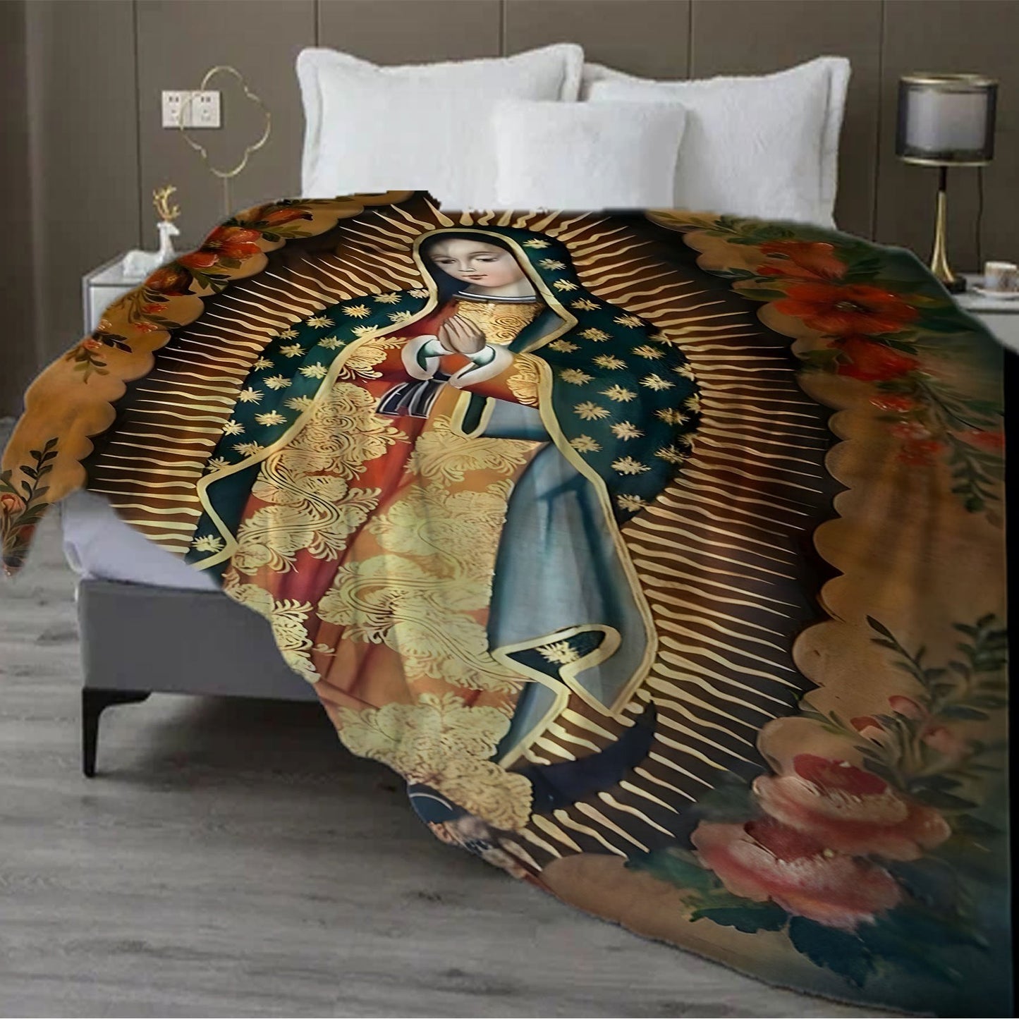 This cozy Virgin of Guadalupe prayer pattern flannel fleece throw blanket is perfect for all seasons. Made of lightweight and soft 100% polyester, this blanket is ideal for use on the sofa, at home, in the office, or while traveling. The knitted design