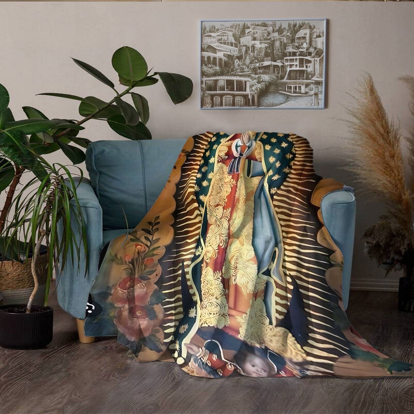 This cozy Virgin of Guadalupe prayer pattern flannel fleece throw blanket is perfect for all seasons. Made of lightweight and soft 100% polyester, this blanket is ideal for use on the sofa, at home, in the office, or while traveling. The knitted design