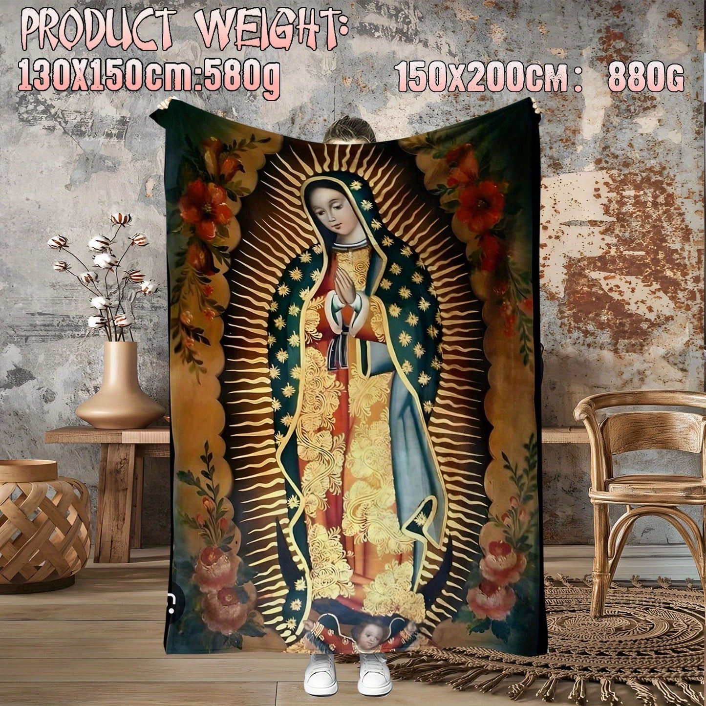 This cozy Virgin of Guadalupe prayer pattern flannel fleece throw blanket is perfect for all seasons. Made of lightweight and soft 100% polyester, this blanket is ideal for use on the sofa, at home, in the office, or while traveling. The knitted design