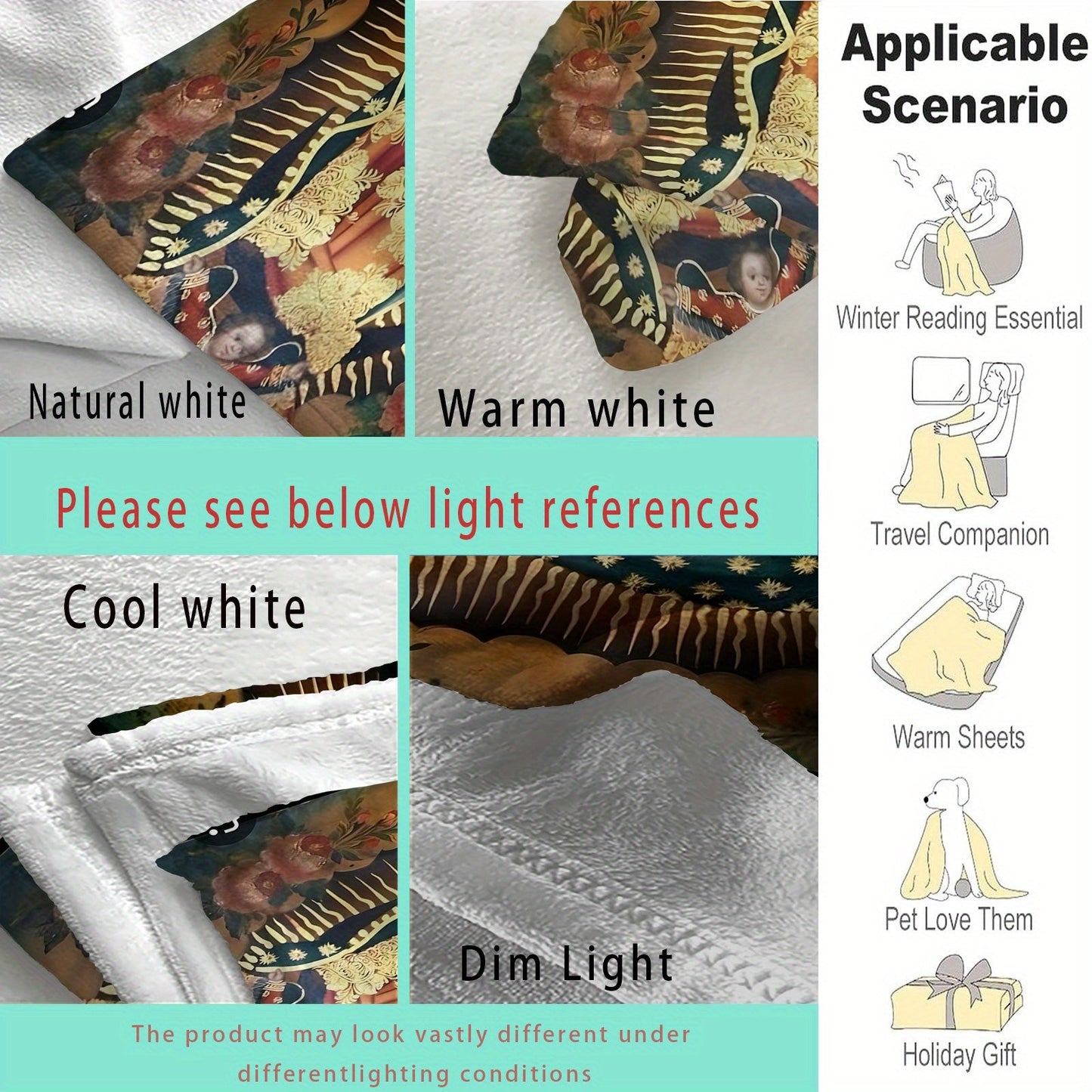 This cozy Virgin of Guadalupe prayer pattern flannel fleece throw blanket is perfect for all seasons. Made of lightweight and soft 100% polyester, this blanket is ideal for use on the sofa, at home, in the office, or while traveling. The knitted design