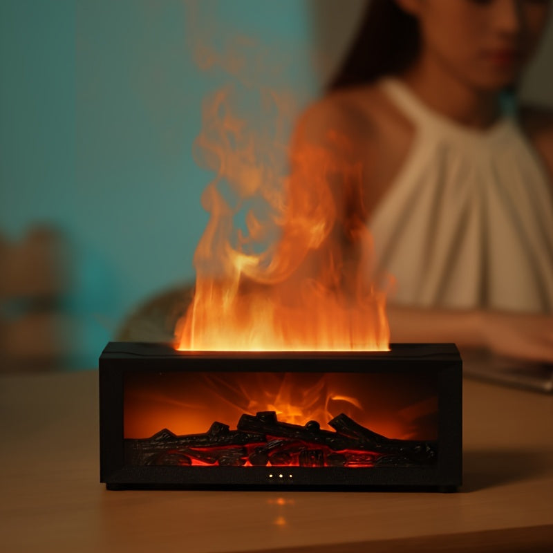 USB Fireplace Aroma Diffuser & Humidifier with Soundwave technology and colorful flame for home or office.