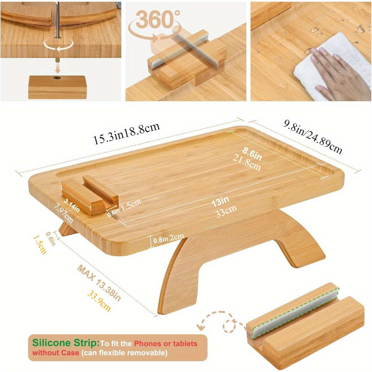 Foldable Sofa Side Table with 360° Phone Holder for Snacks, Drinks & Remote Control - Stylish Bamboo Couch Arm Tray