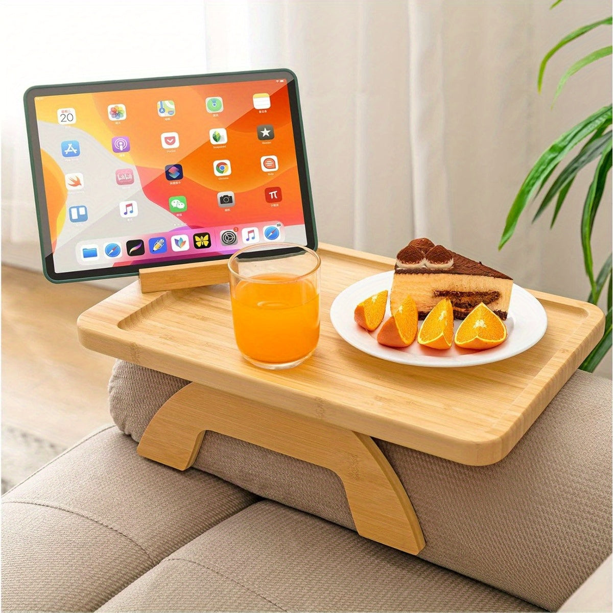 Foldable Sofa Side Table with 360° Phone Holder for Snacks, Drinks & Remote Control - Stylish Bamboo Couch Arm Tray