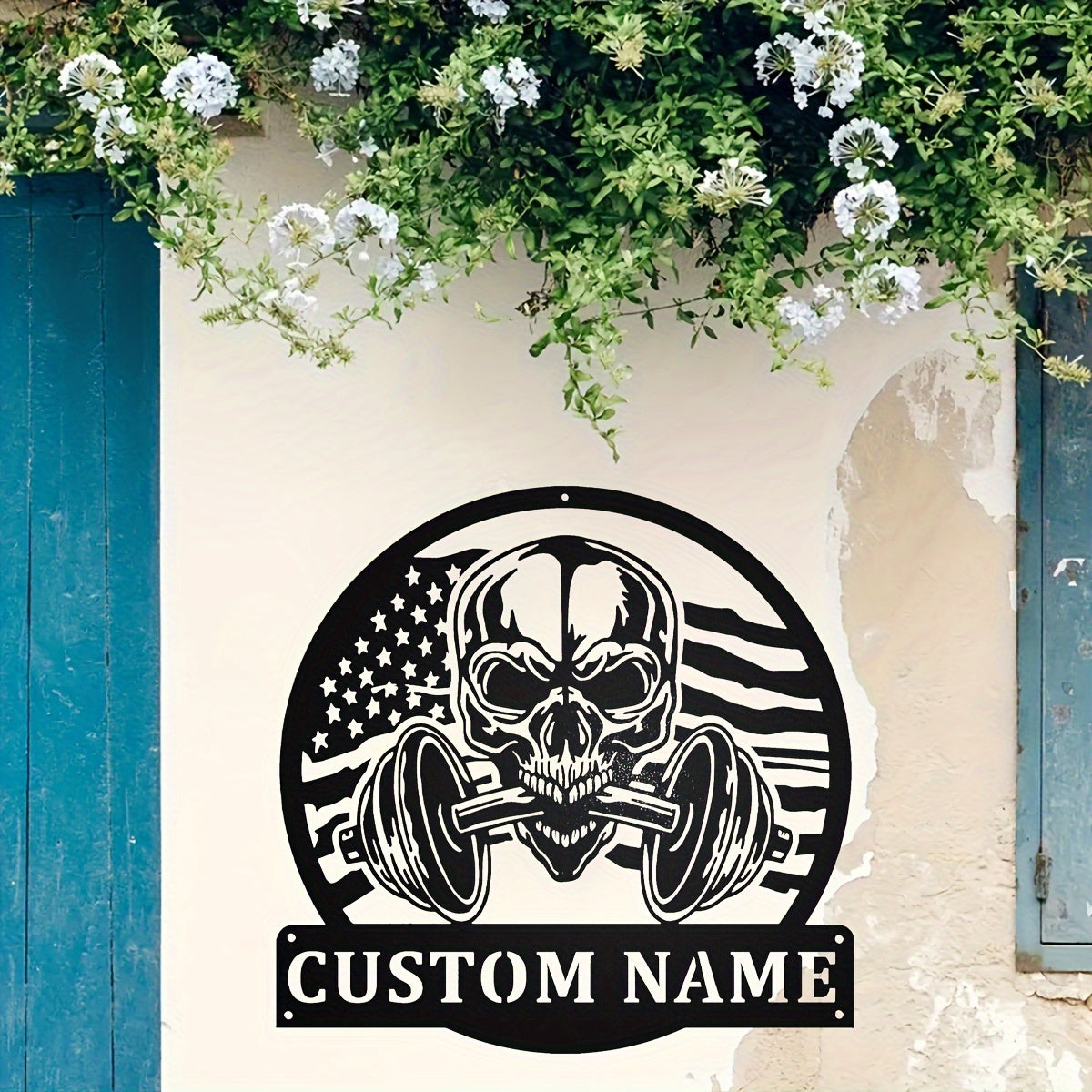 Black Weatherproof Metal Sign featuring a Customizable US Flag and Skull design for Gym Wall Art, perfect for Fitness Enthusiasts.