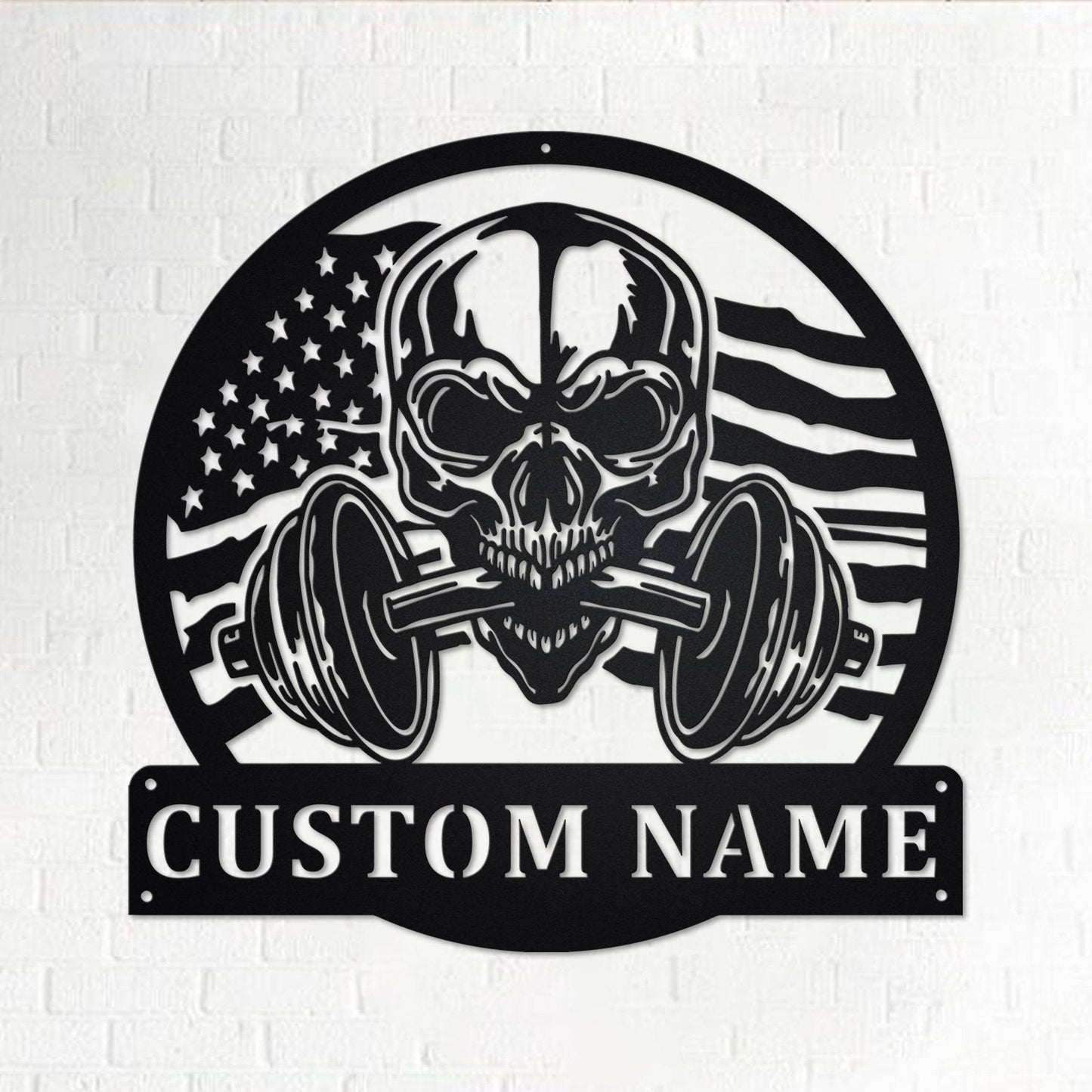 Black Weatherproof Metal Sign featuring a Customizable US Flag and Skull design for Gym Wall Art, perfect for Fitness Enthusiasts.