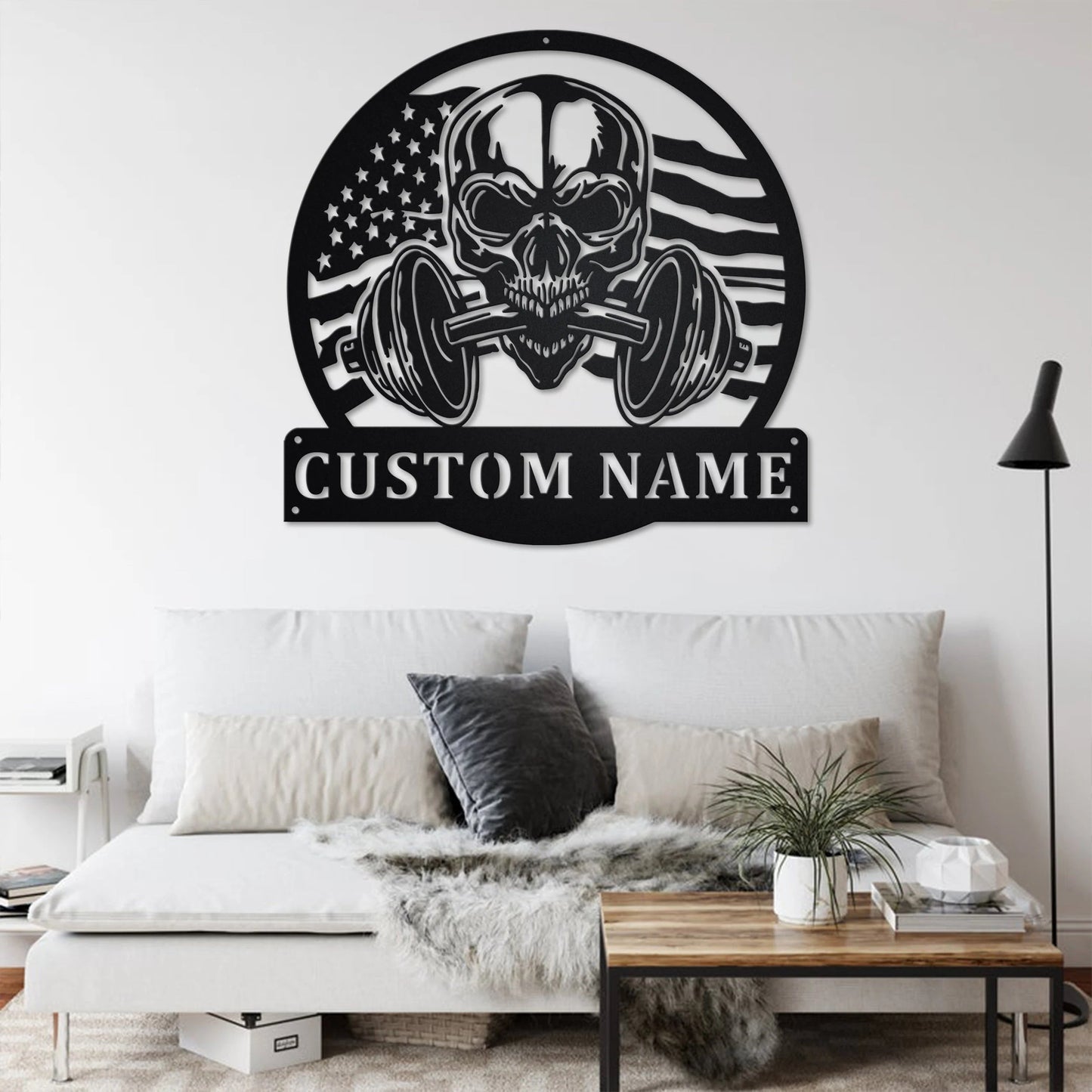 Black Weatherproof Metal Sign featuring a Customizable US Flag and Skull design for Gym Wall Art, perfect for Fitness Enthusiasts.