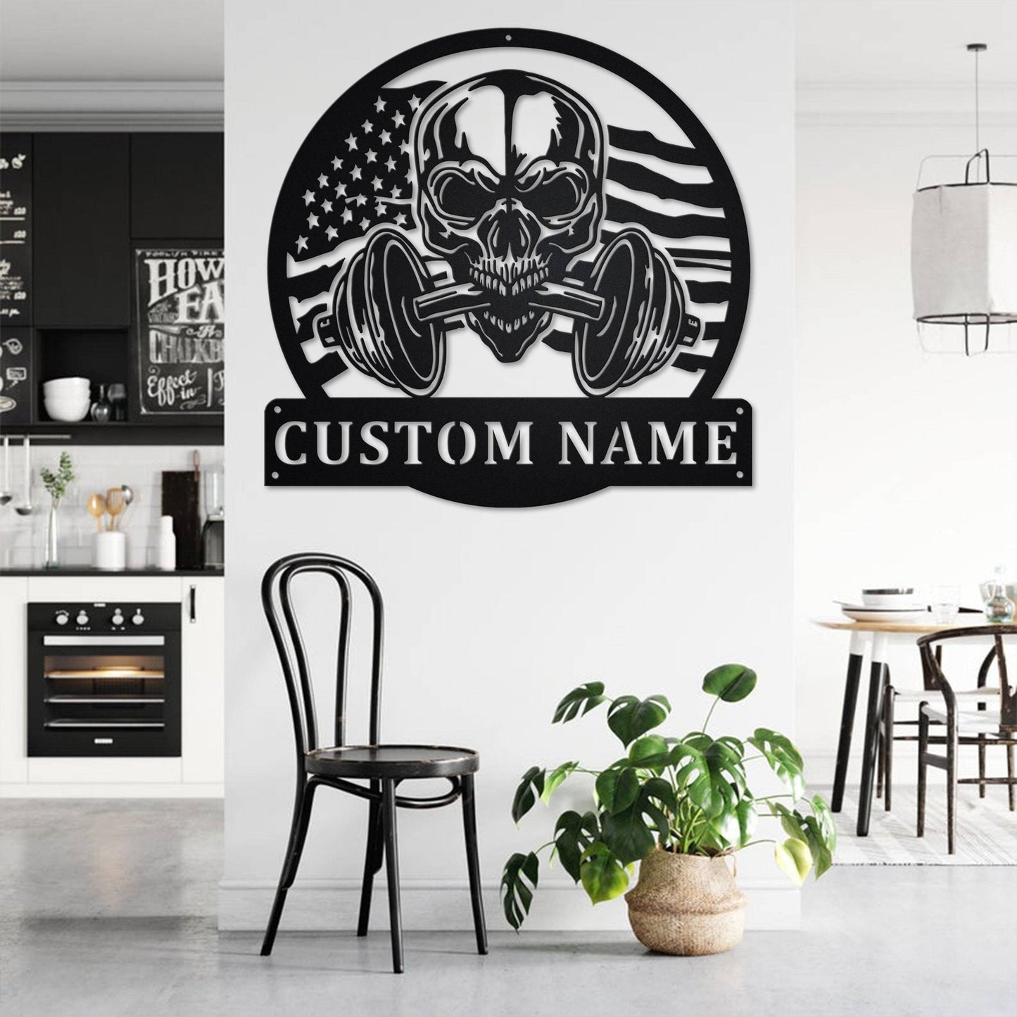 Black Weatherproof Metal Sign featuring a Customizable US Flag and Skull design for Gym Wall Art, perfect for Fitness Enthusiasts.