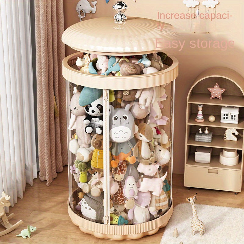 Red plastic doll storage bucket with transparent waterproof cylinder and gala chain, large capacity organizer for dolls and collectibles.