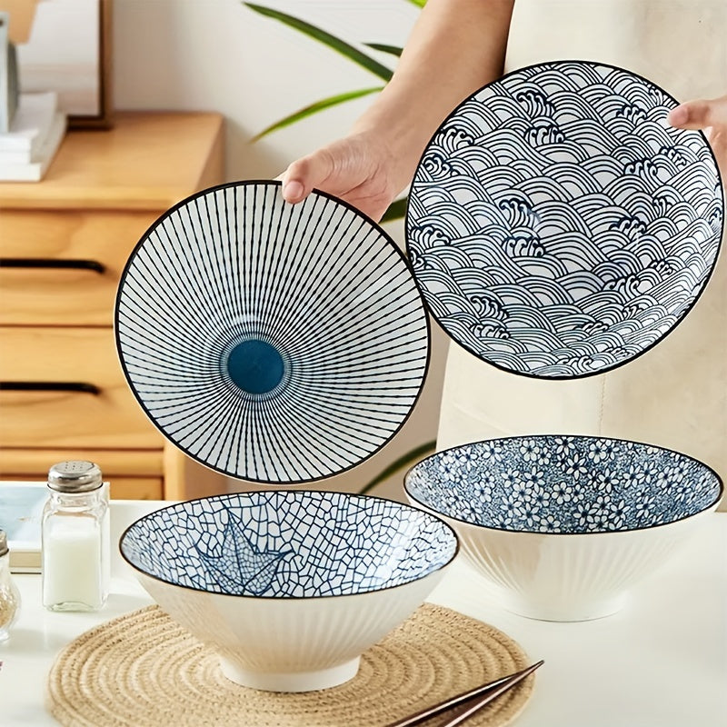 4-piece ceramic bowl set featuring blue & white patterns, ideal for soup, ramen, and pasta. Microwave safe for home, kitchen, or restaurant use. Premium and durable artistic design.