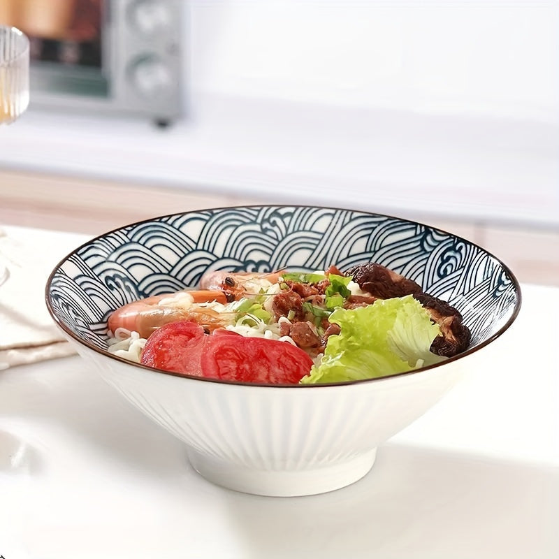 4-piece ceramic bowl set featuring blue & white patterns, ideal for soup, ramen, and pasta. Microwave safe for home, kitchen, or restaurant use. Premium and durable artistic design.