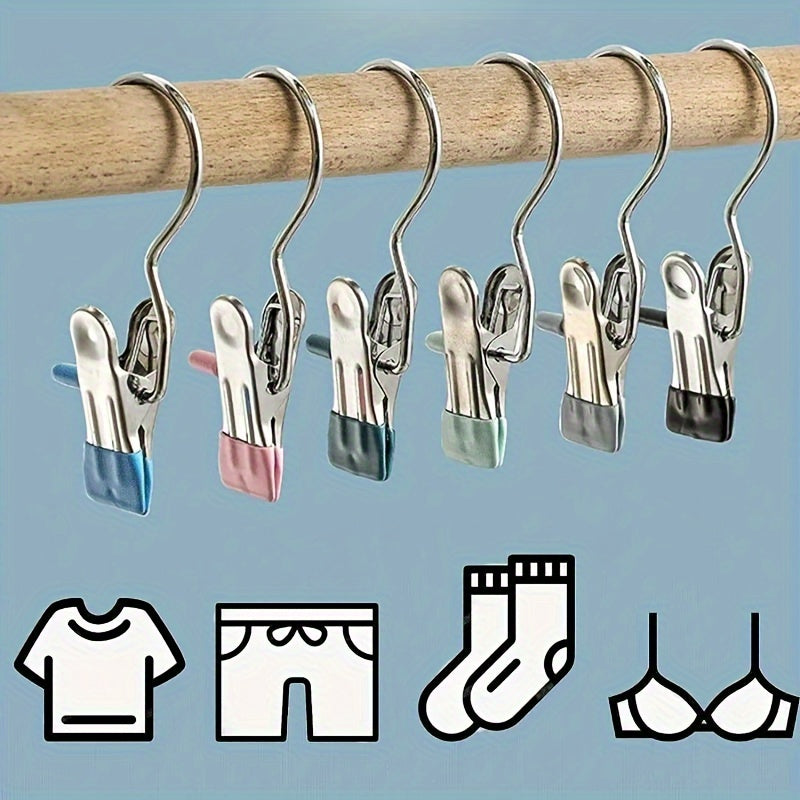 Set of 10 stainless steel laundry clips with swivel hook, versatile windproof clothes pegs for hanging socks, underwear, and accessories, efficient wardrobe organizer clips for saving space, and holding clothes securely.