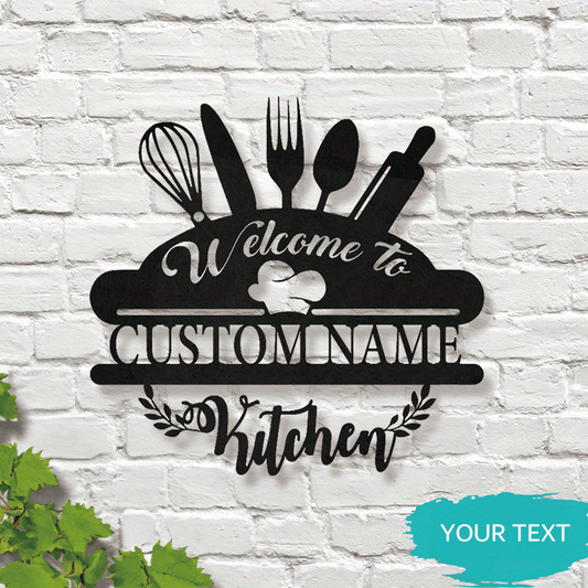 Unique Gift Idea - Custom Name Welcome Sign, Personalized Metal Kitchen Wall Art, Black Iron Farmhouse Decor for Home, Patio, Porch, Office