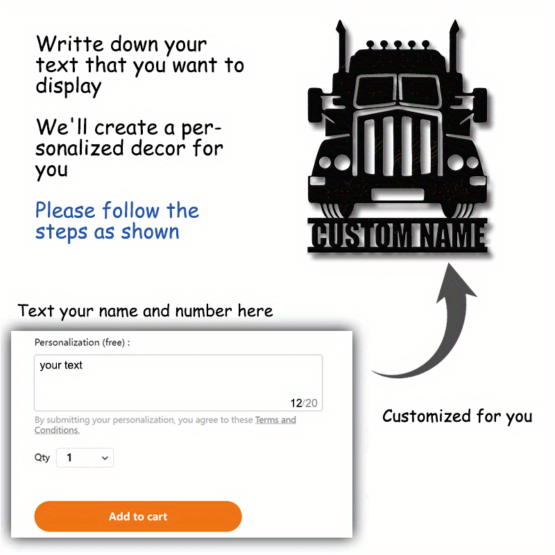 Metal Truck Sign with Custom Name - Great for Garage and Man Cave Decoration, Perfect Gift for Truck Drivers, made from Black Iron, suitable for Wall Art