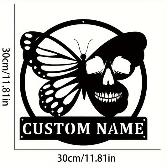 Personalize your space with this stunning butterfly skull metal wall art. Made from iron with intricate cutouts, this black piece is perfect for adding a touch of edge to your kitchen, dining room, or outdoor garden. No electricity required, making it