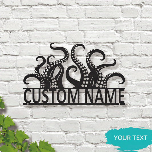 Metal wall art featuring custom octopus tentacles design - personalized name sign perfect for home decor. Vintage style that requires no power.