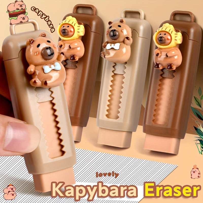 Kawaii Capybara Retractable Eraser Set - Durable synthetic rubber, easy clean-up. Perfect for school and office.