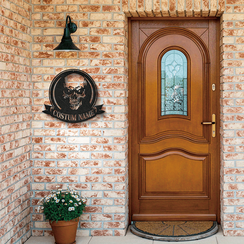 Customized Skull Metal Wall Sign with Your Name - Black Plaque, No Electricity Required, Ideal for Halloween and Dia de los Muertos Decoration