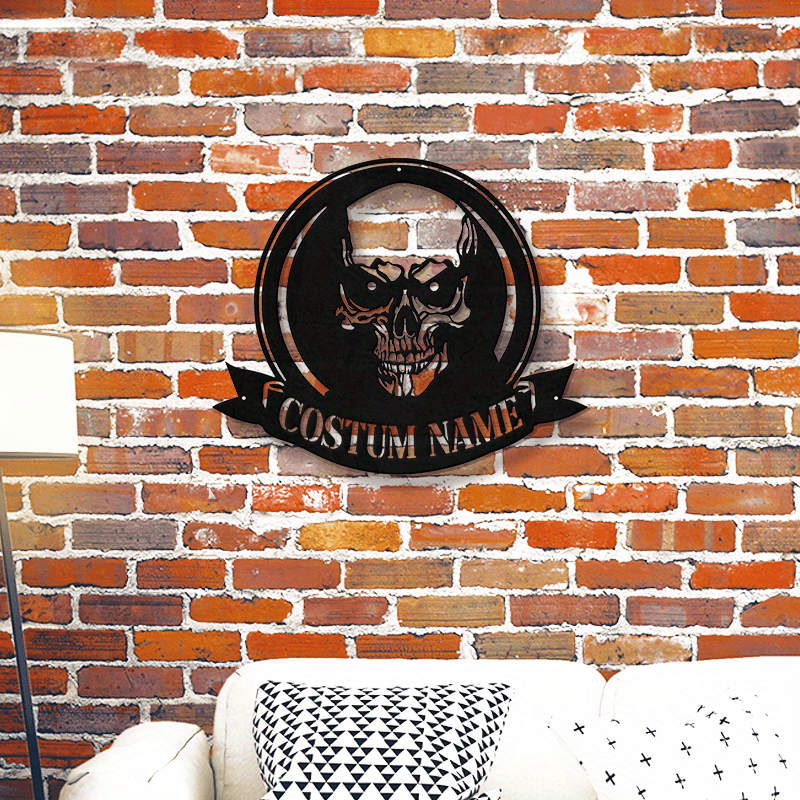 Customized Skull Metal Wall Sign with Your Name - Black Plaque, No Electricity Required, Ideal for Halloween and Dia de los Muertos Decoration