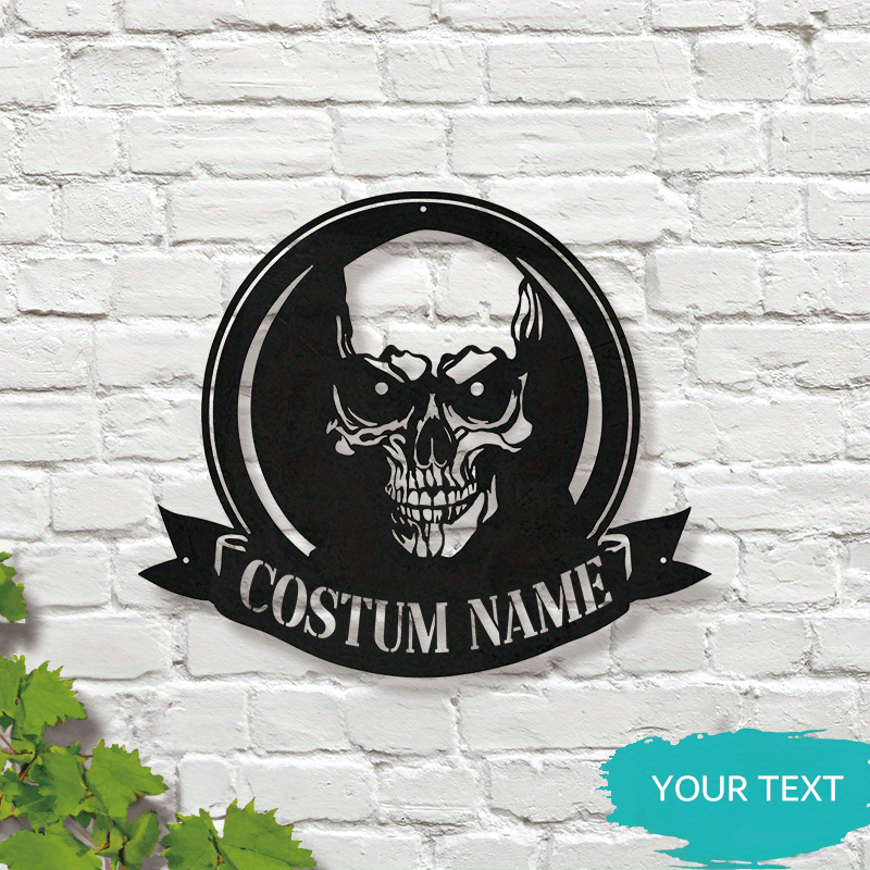 Customized Skull Metal Wall Sign with Your Name - Black Plaque, No Electricity Required, Ideal for Halloween and Dia de los Muertos Decoration