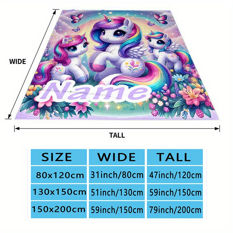 Soft, warm, and cozy blanket featuring a personalized unicorn and floral design with custom name. Ideal for naps, camping, and travel, making it the perfect gift for family and loved ones.